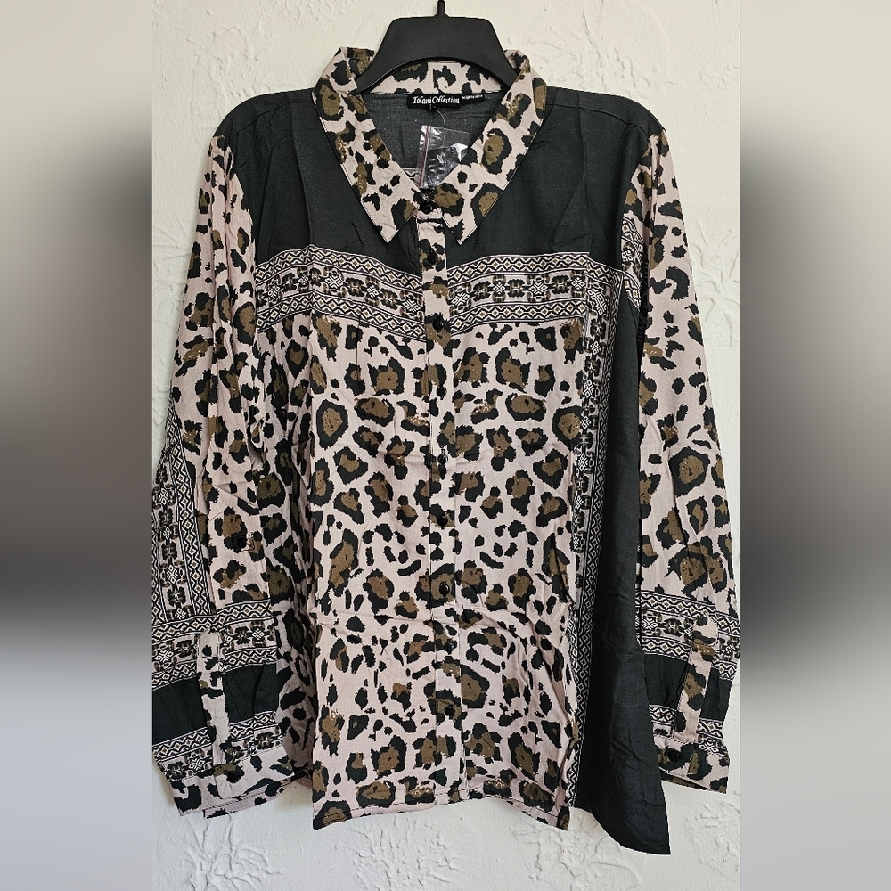 Tolani Collection Olive Leopard Print Woven Long-Sleeve Full Button Top NWT XL